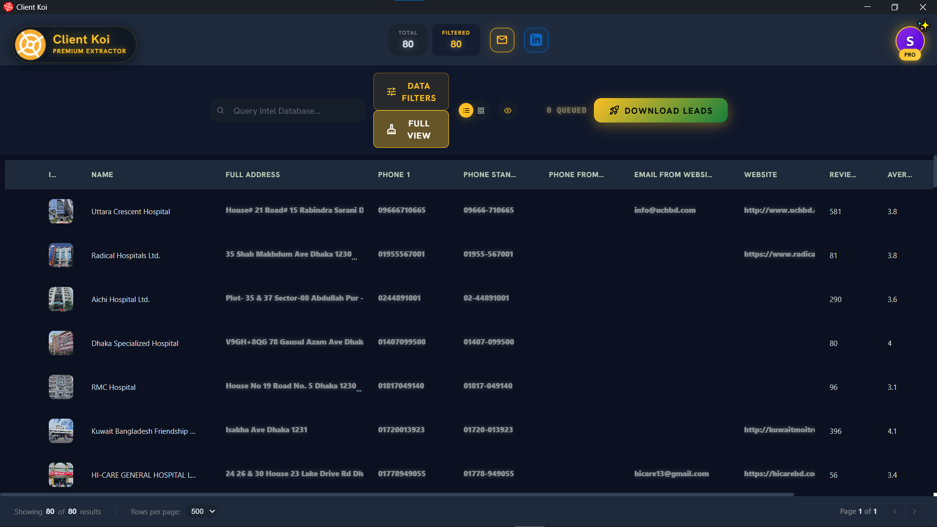 Client Koi B2B Leads Dashboard displaying extracted local business emails, phone numbers, and websites
