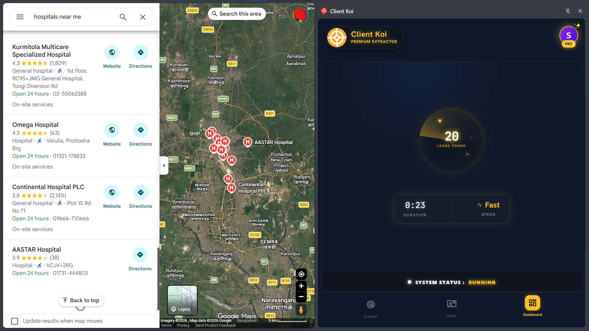 Client Koi Google Maps Scraper Extension Interface showing automated lead generation setup